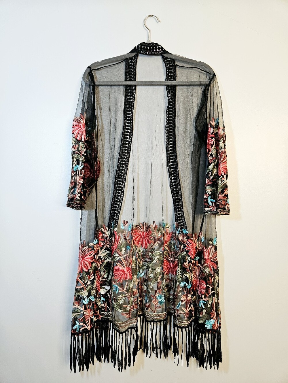 Betty Fashion Floral Embroidered Sheer Kimono Size XL Black Boho - Picture 4 of 8
